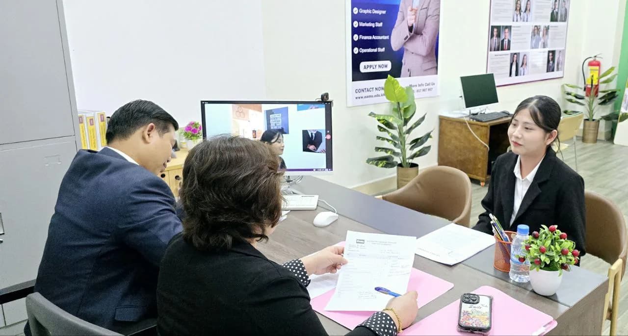 EAMU student in a professionally lit mock interview studio session