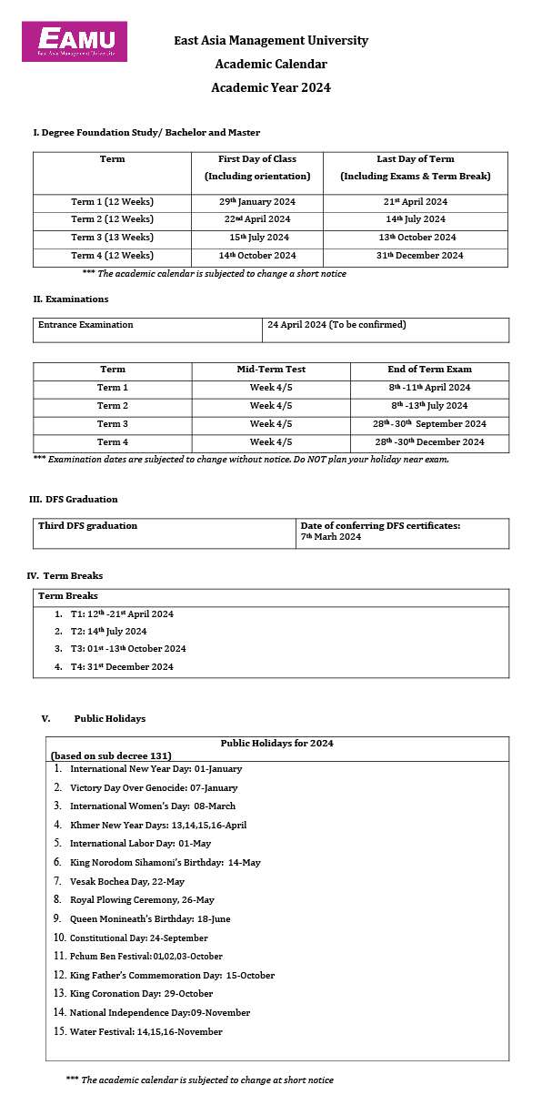 Academic Calendar 2023 2024 at East Asia Management University EAMU in Phnom Penh Cambodia