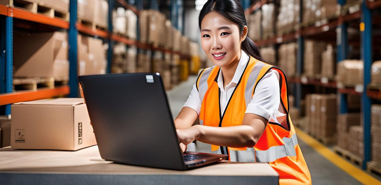 asian-female-worker-vest-safety-sitting-using-laptop-working-warehouse-factory-office